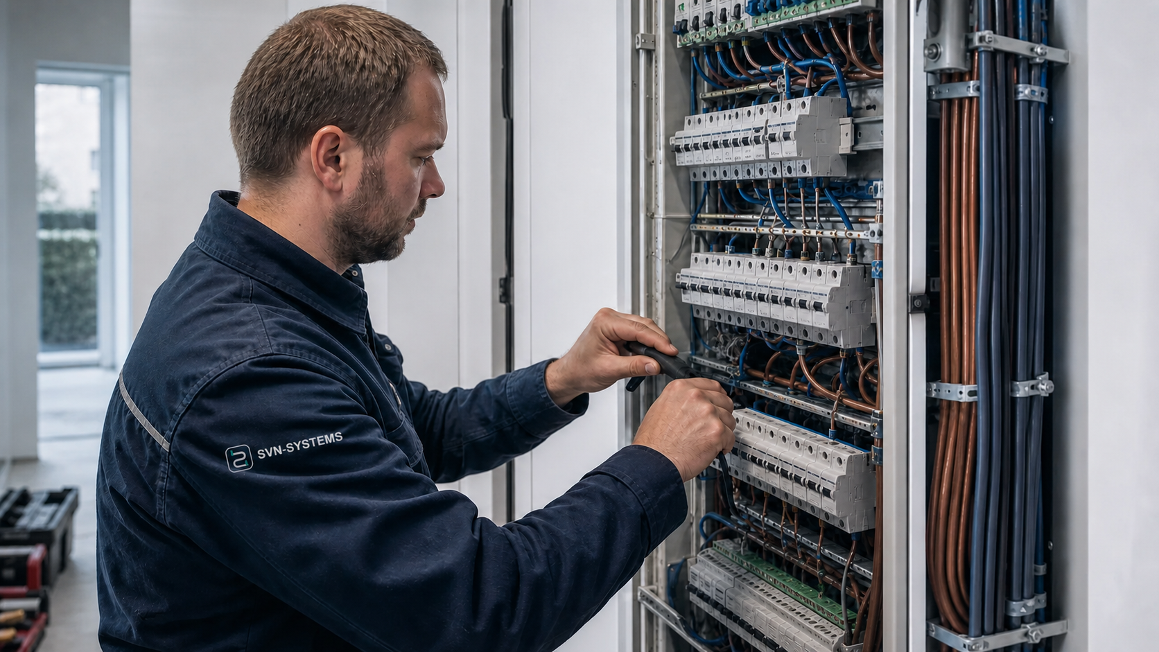 Elektricien werkt aan een overzichtelijke elektrische verdeelkast