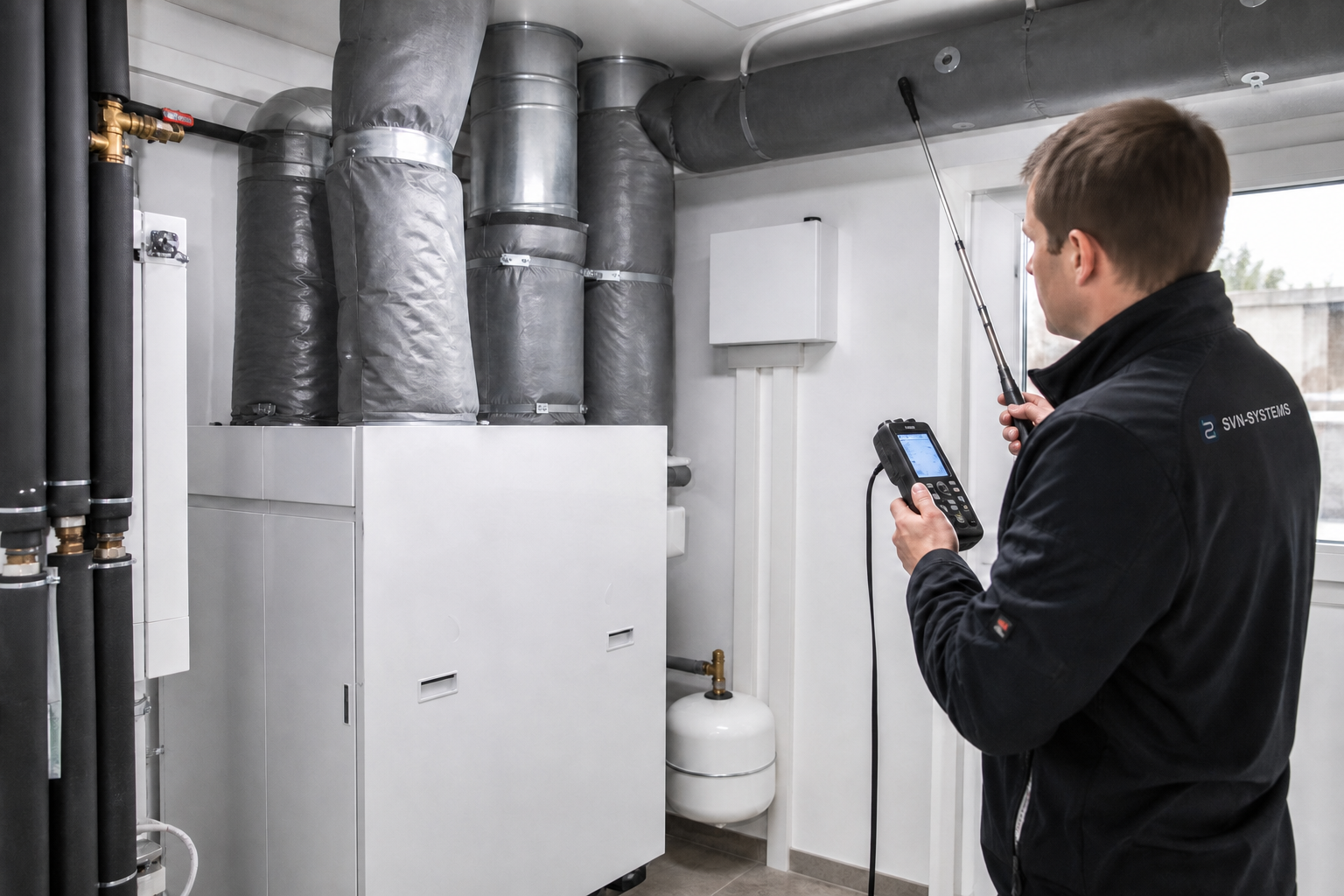 SVN-SYSTEMS technicus regelt een modern ventilatiesysteem professioneel in